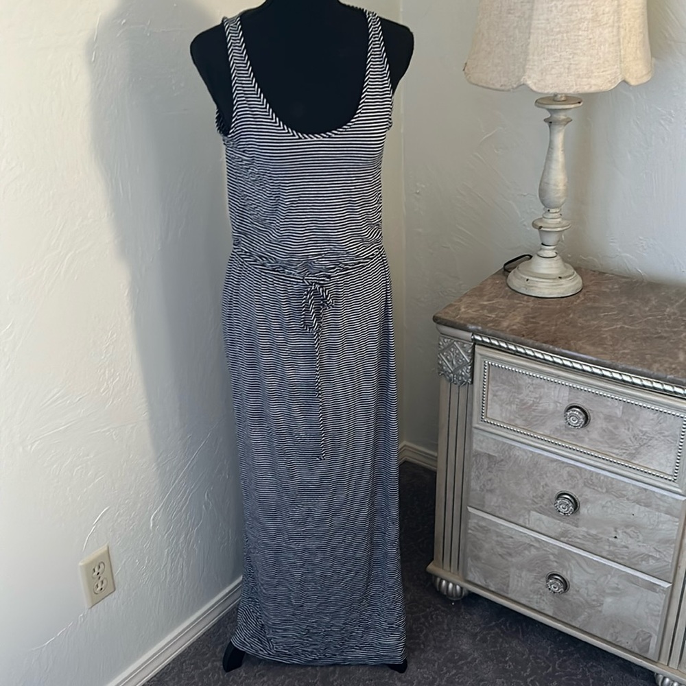 Blue & white nautical striped cut out maxi beach dress w/ rope belt